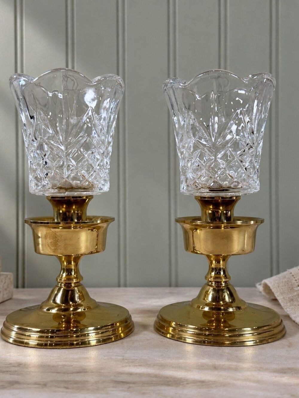 Vintage Pair Portugal Brass Candlestick Holders with Cut Glass Hurricane Shades